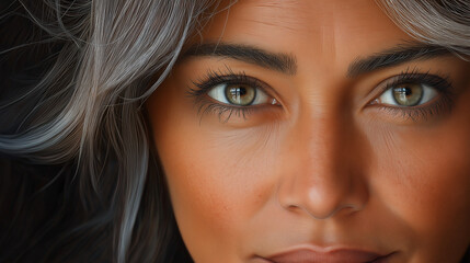 Obraz premium A hyper-realistic close-up of a 34-year-old Asian American woman, her eyes full of depth and intelligence. Every detail, from the fine lines in her skin to the texture of her hair,