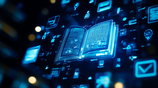 A digital book icon displayed on a computer screen with other education and technology icons, set against a blue background.