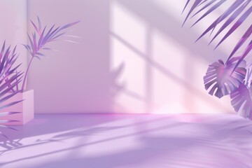 An artistic summer concert backdrop featuring a soft pink color gradient with floral shadows and palm leaves for product showcasing