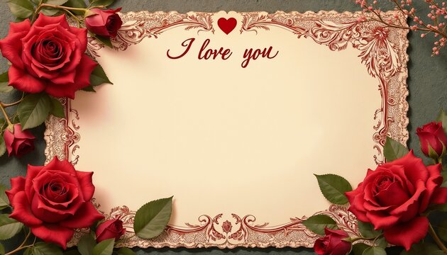 Romantic Valentine's Day card design featuring red roses and heartfelt message