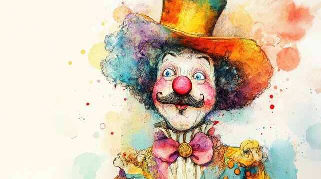 A whimsical watercolor painting of a funny nobleman with an oversized wig, tiny monocle, and exaggerated mustache, wearing bright, mismatched royal attire from a made-up kingdom.