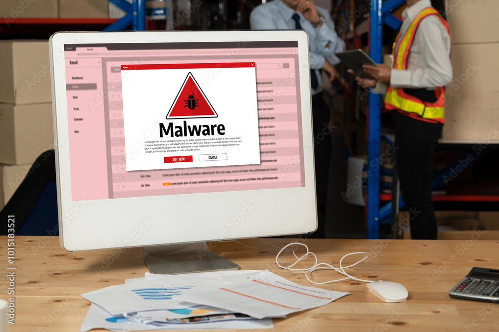 Aufkleber cyber attacking concept. malware alert showing on computer screen display scam and threat detection 