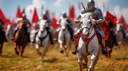 Fototapeta premium Knight in Armor Riding Horse with Red Flags Background