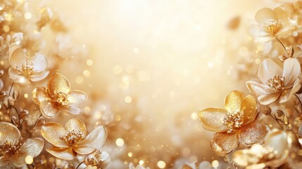 Luxury golden floral background with glittering particles. Magic gold flowers luxurious fairytale theme