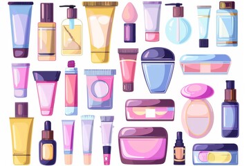 A vibrant collection of cartoon cosmetics including tubes, jars, and bottles for skincare and makeup enthusiasts