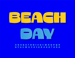 Vector artistic flyer Beach Day. Blue Sticker Font. Stylish Alphabet Letters, Numbers and Symbols set.