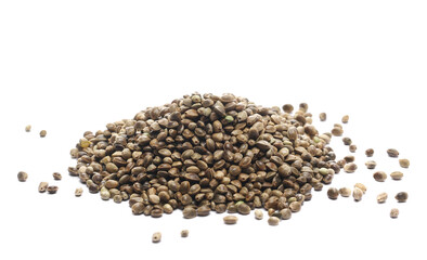 Hemp seeds isolated on white background, macro	
