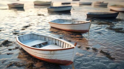 Obraz premium Rowboats anchored in the calm waters during sunset, serene landscape, beautiful scenery.