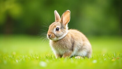 Fototapeta premium Adorable baby rabbit with alert expression sitting on lush green grass