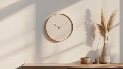 A mockup of a minimalist clock with a blank face, hanging on a simple wall, great for home and office decor branding