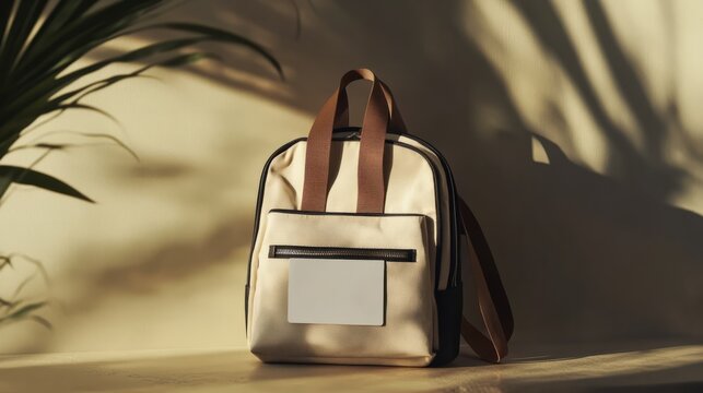 A mockup of a modern backpack with a blank patch, resting on a neutral surface, ideal for fashion and travel branding