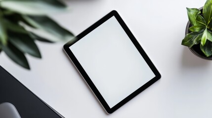 A mockup of a modern tablet with a blank screen, lying on a minimalistic desk, perfect for app showcase