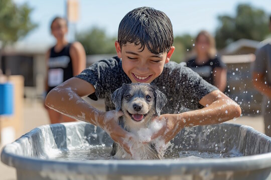 Hispanic boy washing a happy puppy at an outdoor charity event, laughing and creating joyful splashes. Concept of animal shelter volunteering and pet care in community events