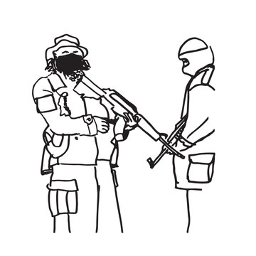 Deux hommes soldats en uniforme avec une arme dans les mains et leur visages masqu&eacute;s. Ils portent une cagoule et son face &agrave; face pr&ecirc;t &agrave; agir sur une menace