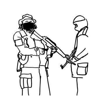 Deux hommes soldats en uniforme avec une arme dans les mains et leur visages masqu&eacute;s. Ils portent une cagoule et son face &agrave; face pr&ecirc;t &agrave; agir sur une menace