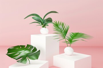 Tropical elegance showcased with moisture sunscreen ads on a stylish stage amid lush greenery against a soft pink backdrop