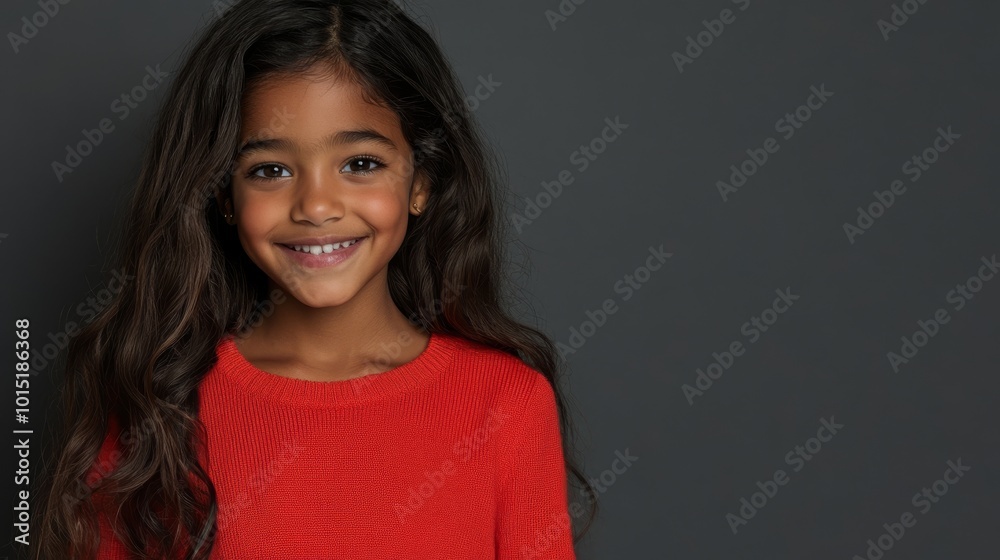 Wall mural A happy child with long, neatly combed hair smiles brightly while wearing a vibrant red sweater. The simple gray background enhances her friendly demeanor, perfect for a passport photo