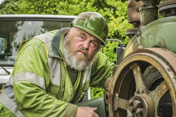 Fototapeta premium Skilled HVAC engineer in a green safety jacket and helmet meticulously inspecting machinery in a vibrant outdoor setting during daylight hours