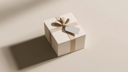A mockup of a plain gift box with a blank tag on a clean surface, ideal for holiday or special occasion marketing