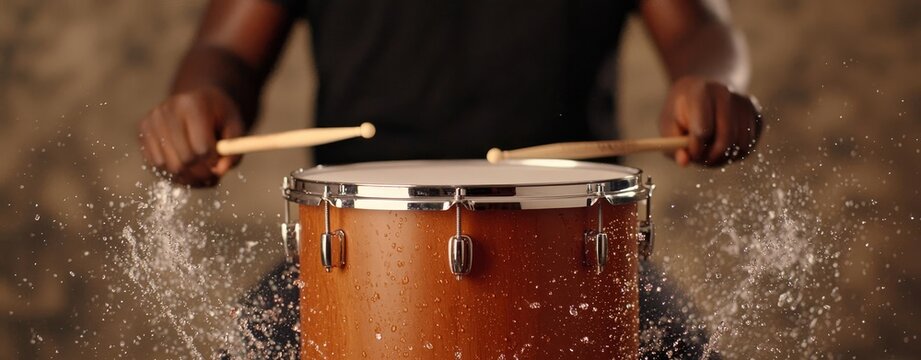 Hands playing a drum creating water splashes, dynamic motion capture.