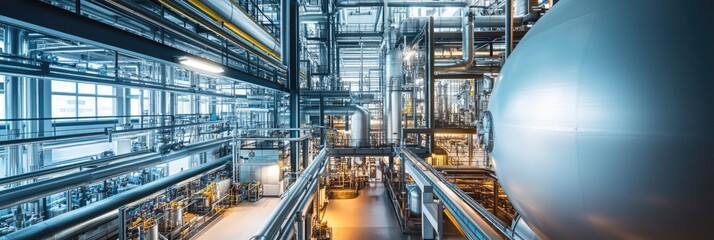 Chemical factory. Interior of a high-tech plant with tanks and pipes. Pharmaceutical or medical laboratory