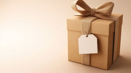 A mockup of a plain gift box with a blank tag on a clean surface, ideal for holiday or special occasion marketing