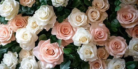 Close-up of a bouquet of white and pink roses.