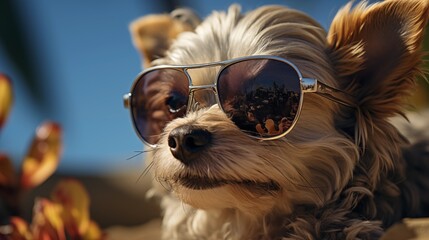 Naklejka premium adorable pet dog wearing with sunglasses looking away while sitting on blurred sandy beach with green bushes in sunlight