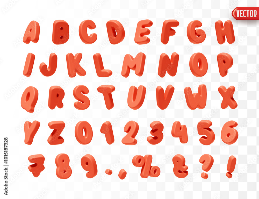 Aufkleber Red Font realistic 3d design. Complete alphabet and numbers from 0 to 9. Collection of large letters in cartoon style. Fonts are voluminous with different slants. Vector illustration