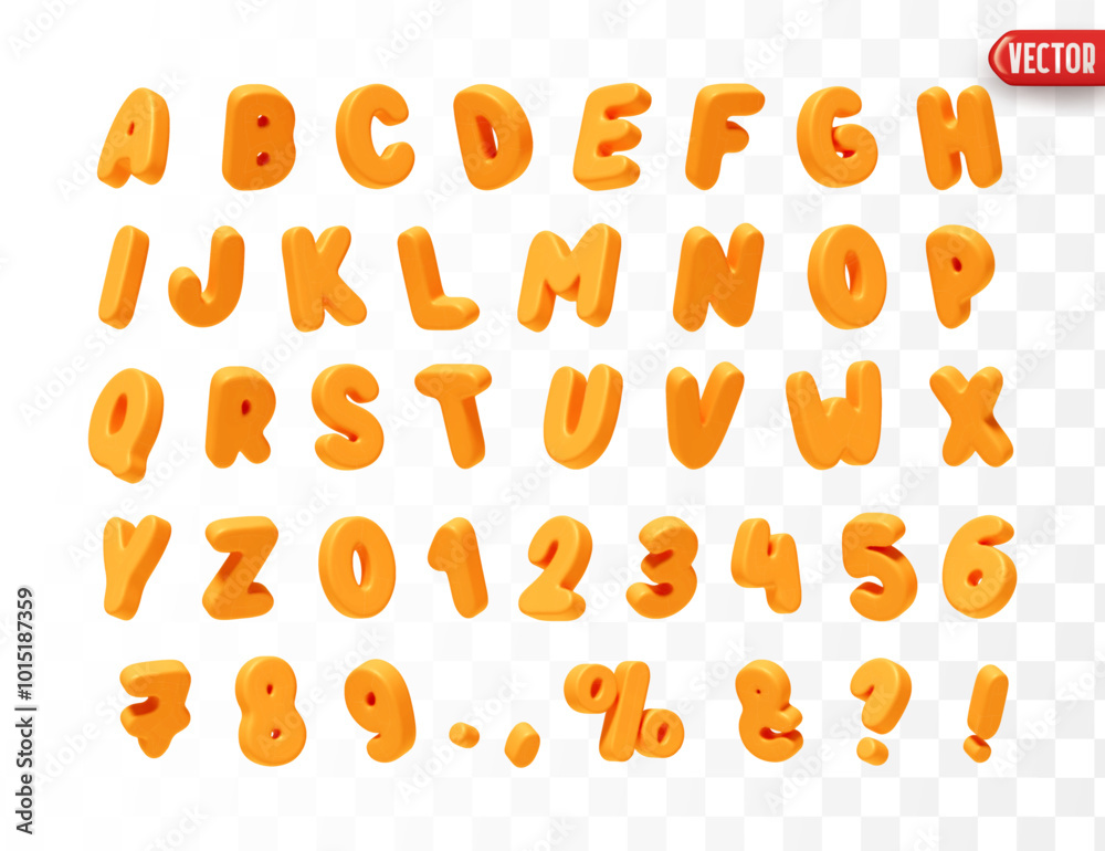 Aufkleber Orange Font realistic 3d design. Complete alphabet and numbers from 0 to 9. Collection of large letters in cartoon style. Fonts are voluminous with different slants. Vector illustration