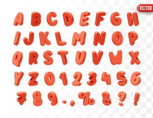 Red Font realistic 3d design. Complete alphabet and numbers from 0 to 9. Collection of large letters in cartoon style. Fonts are voluminous with different slants. Vector illustration