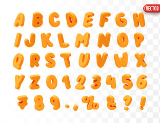 Orange Font realistic 3d design. Complete alphabet and numbers from 0 to 9. Collection of large letters in cartoon style. Fonts are voluminous with different slants. Vector illustration