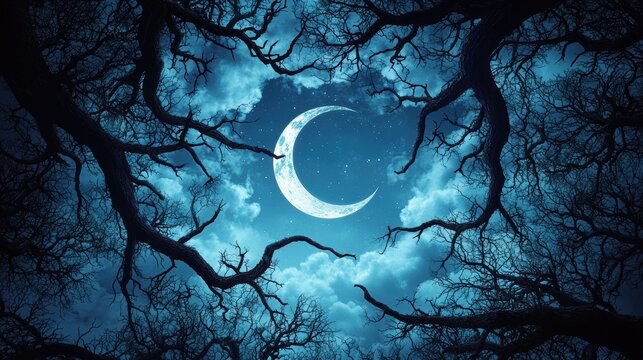 Twisted bare branches reaching towards a cloudy night sky illuminated by a single sliver of a crescent moon casting eerie shadows on the forest floor.