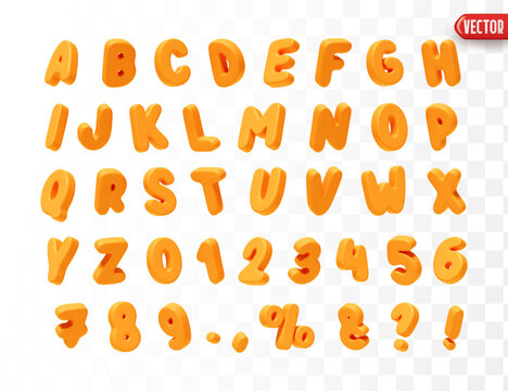 Orange Font realistic 3d design. Complete alphabet and numbers from 0 to 9. Collection of large letters in cartoon style. Fonts are voluminous with different slants. Vector illustration