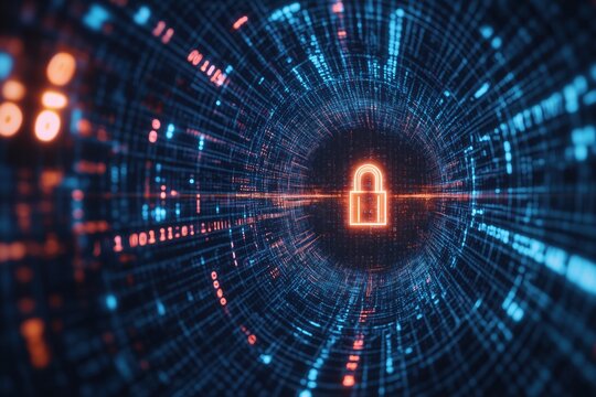 Visual representation of cybersecurity with a digital padlock and network data in a high-tech environment