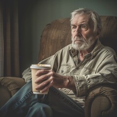 Lonely senior man reflects on life in a quiet nursing home, holding a coffee cup in thought-filled silence during the afternoon hours