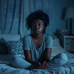 A young girl battles sleepless nights alone in her dimly lit bedroom, overwhelmed by the weight of her emotions