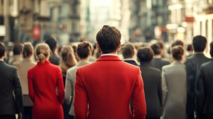 Fototapeta premium Amidst a sea of gray suits, one person in a vibrant red jacket captures attention in the lively city atmosphere