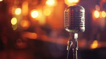 Retro microphone on stage with blurred bokeh lights in the background.