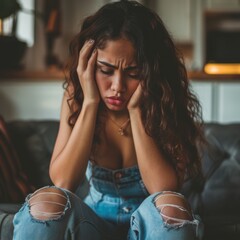 A young beautiful Hispanic woman sits on her sofa at home, overwhelmed with sadness while reflecting on her emotions during a quiet moment