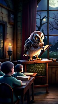 Hibou enseignant dans une salle de classe &agrave; la lumi&egrave;re des bougies sous un ciel nocturne

