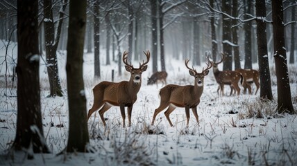 A herd of deer stand in a snowy forest, with two bucks in the foreground looking directly at the camera.