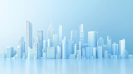 Fototapeta premium White cityscape background with buildings and skyscrapers on a light blue gradient, 3D rendering illustration of an urban landscape with copy space, minimalist style, high resolution, highly detailed