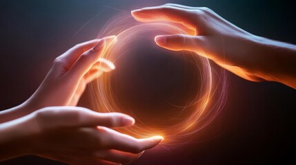 Diverse hands forming a circle, light translucent effects, flat design illustration