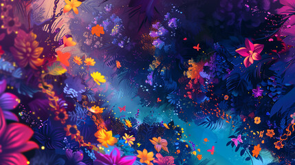Vibrant Fantasy Forest with Lush Foliage and Colorful Flora
