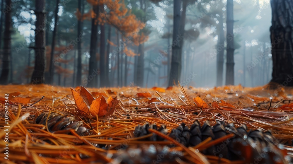 Wall mural Fallen Leaves and Pine Needles on Forest Floor in Autumn Mist