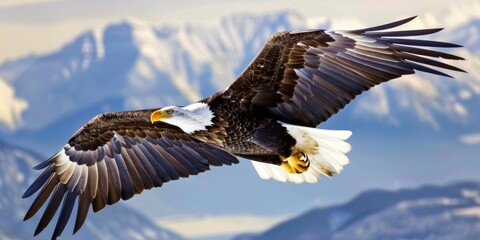 Fototapeta premium Bald Eagle Soaring Over Snowy Mountains