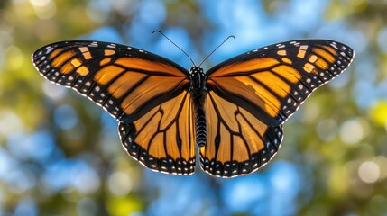 Naklejka premium A monarch butterfly with wings spread open against a blurred background of green and blue.