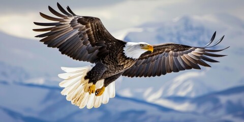 Fototapeta premium Majestic Bald Eagle Soaring Above Snowy Mountains