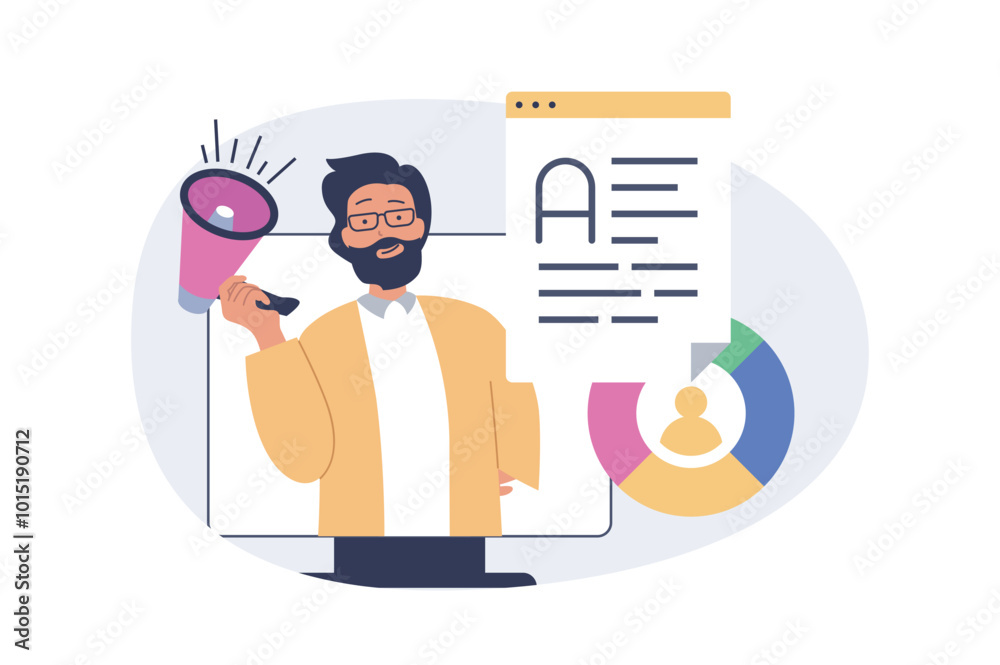 Fototapete marketing and development concept in modern flat design for web. man with megaphone making data anal